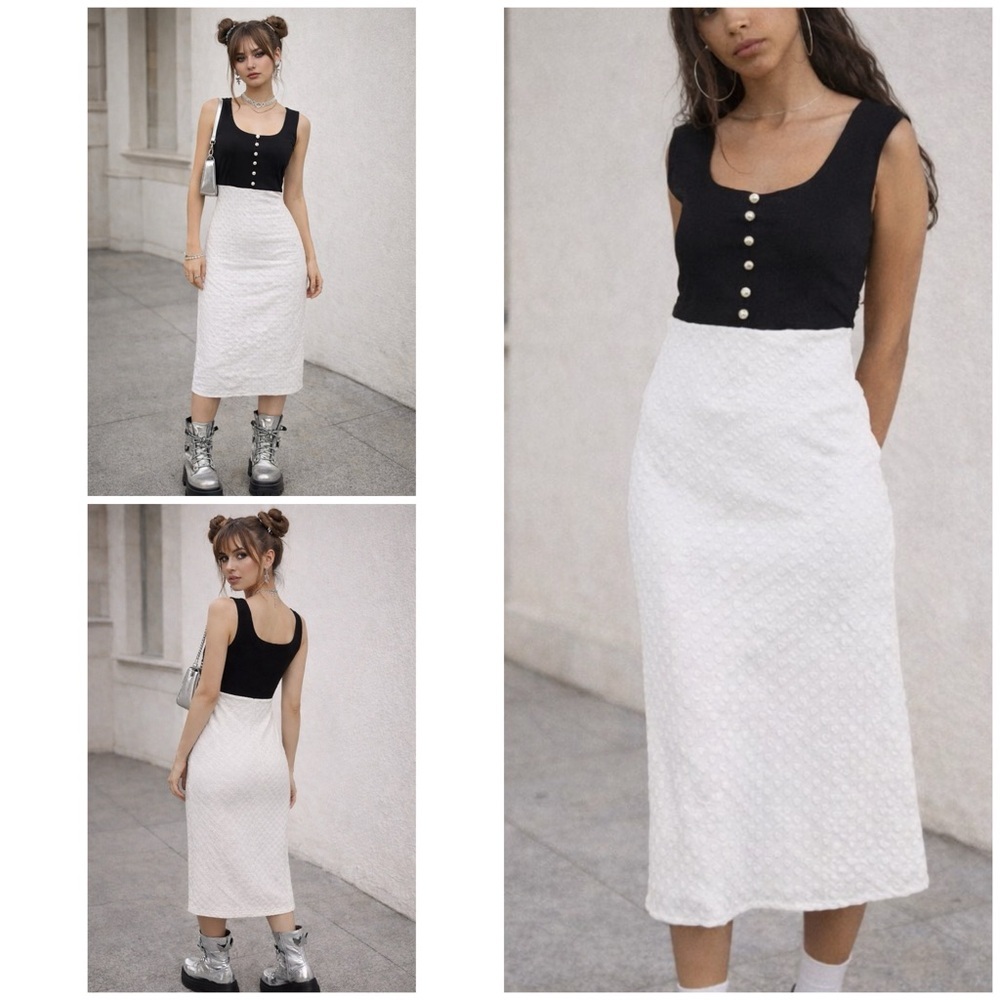 Unif Pearl Jewel Trim Black White Colorblock Cotton Blend Sleeveless Midi Dress​